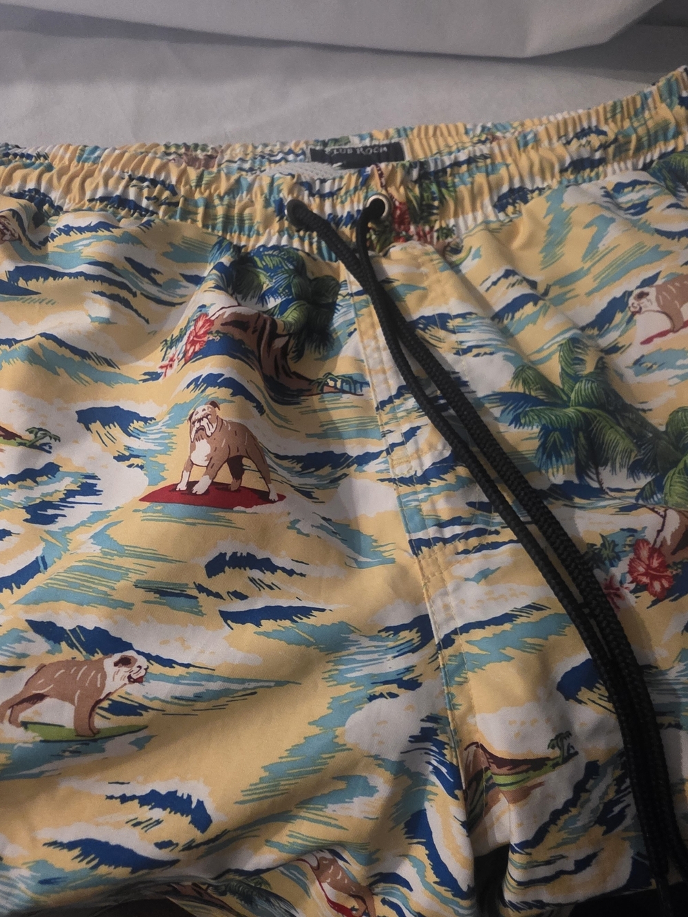 Men's Yellow Tropical Bulldog Print Swim Trunks